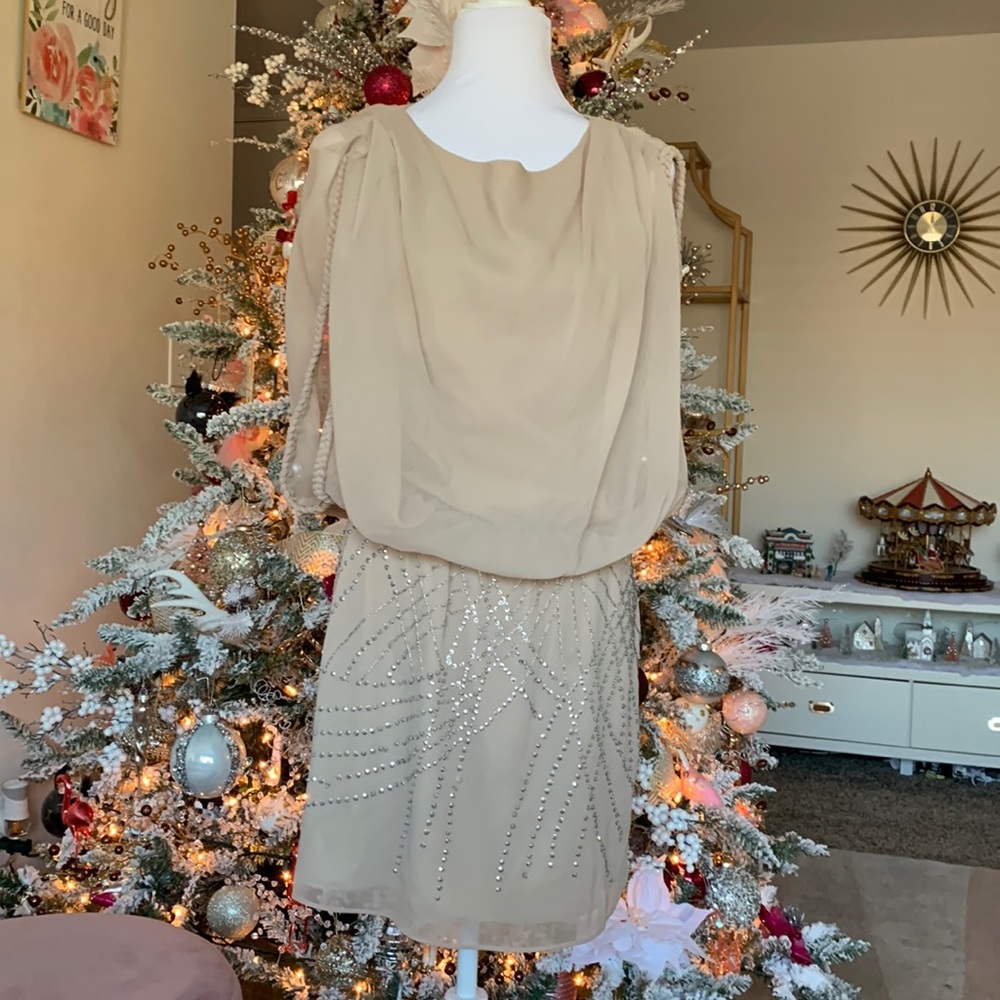 Jessica Simpson champagne Grecian style cocktail dress